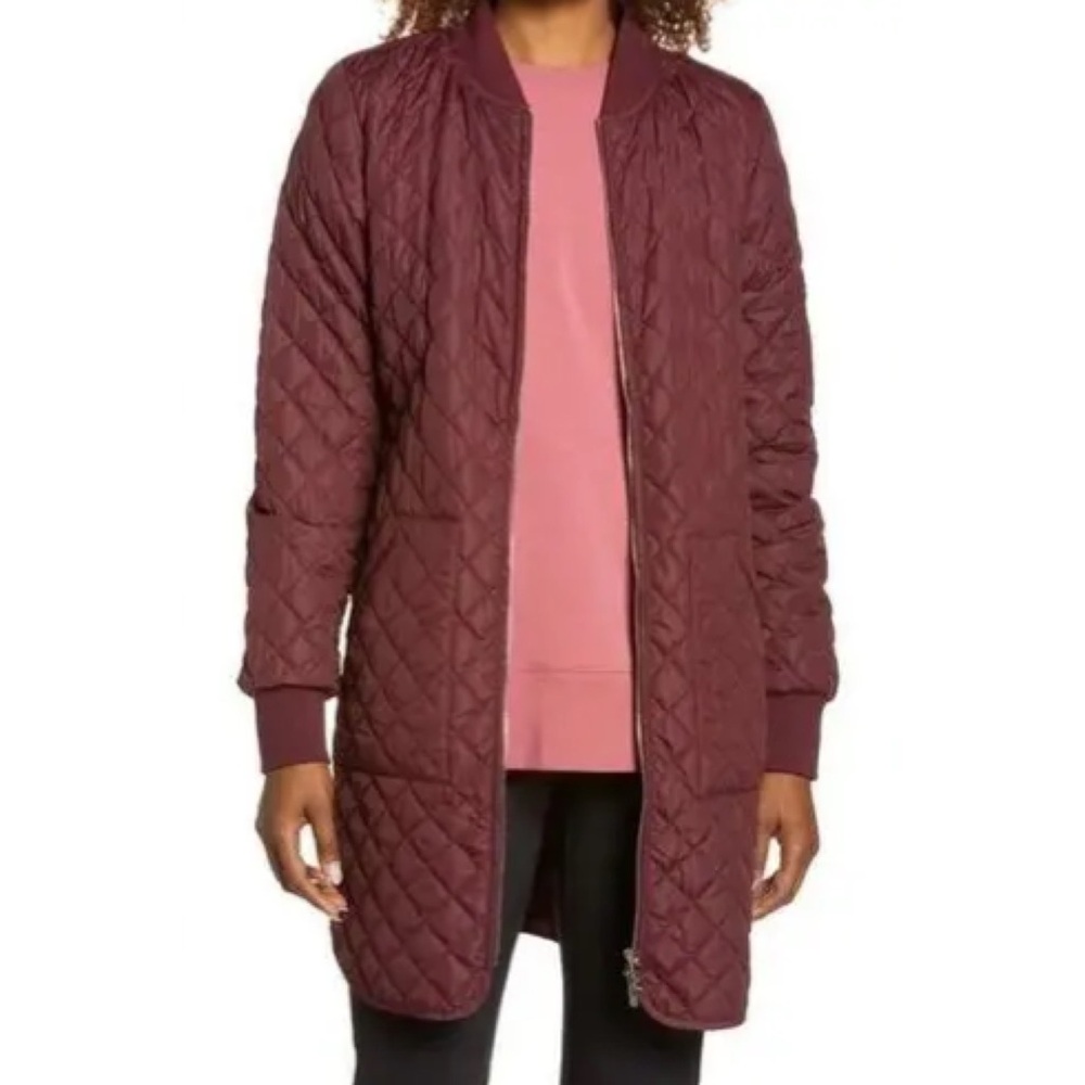 Zella Longline Quilted Bomber Jacket in Burgundy size XS